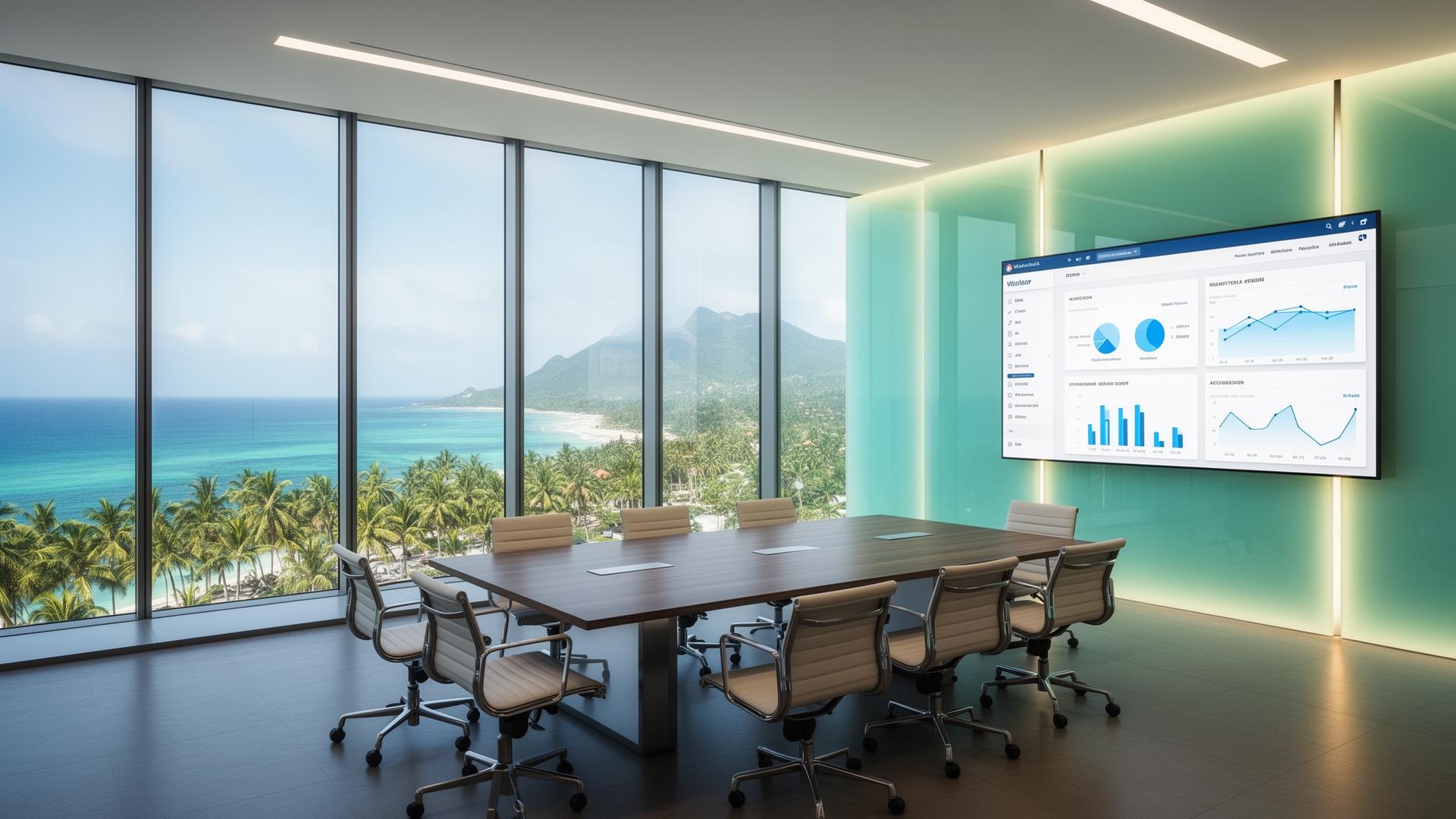 Cliffside boardroom overlooking a turquoise tropical bay